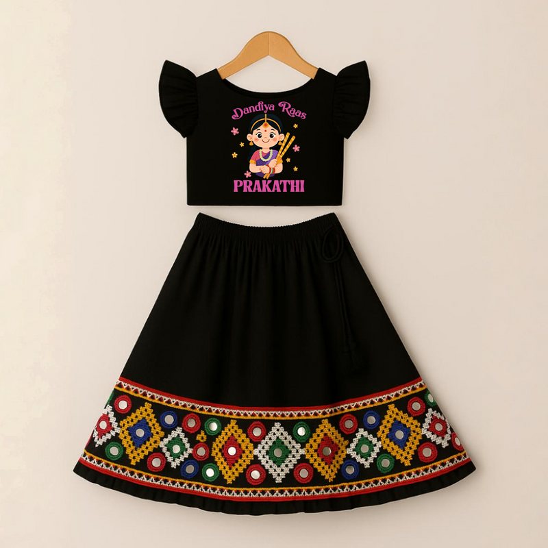 Dandiya Raas Lehenga Choli | Personalized Girls Outfit for Navratri - BLACK - 0-5 Months Old (Top Width 9.5" , Top Length 9.5" , Waist Width 18" , Bottom Length 15")