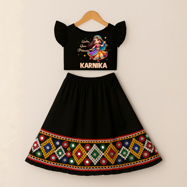 Garba Glow Princess Lehenga Choli | Personalized Girls Outfit for Navratri Celebration - BLACK - 0-5 Months Old (Top Width 9.5" , Top Length 9.5" , Waist Width 18" , Bottom Length 15")