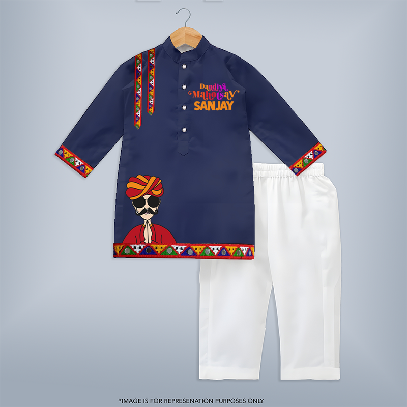 Dandiya Mahitsav Kurta | Personalized Kids Kurta for Navratri Celebration - NAVY BLUE - 3 - 6 Months Old (Chest 24", Kurta Length 14'', Waist 19", Pant Length 14")
