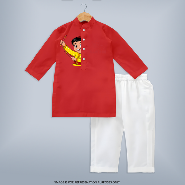 Chota Dandiya Personalized Kurta Set - RED - 3 - 6 Months Old (Chest 24", Kurta Length 14'', Waist 19", Pant Length 14")