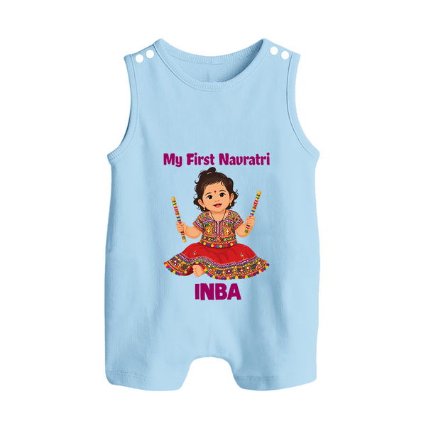 My First Navratri Dandiya Girl Personalized Button Romper - BABY BLUE - New Born (Chest 18")