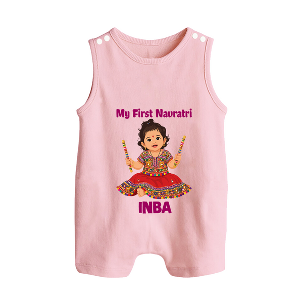 My First Navratri Dandiya Girl Personalized Button Romper - BABY PINK - New Born (Chest 18")