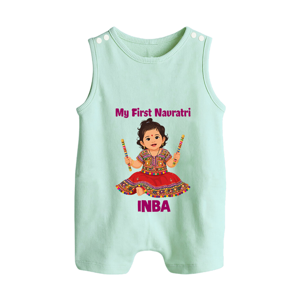 My First Navratri Dandiya Girl Personalized Button Romper - MINT GREEN - New Born (Chest 18")