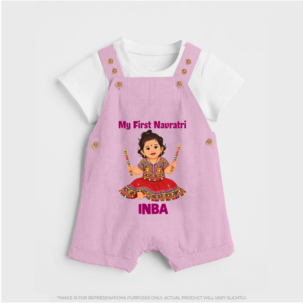 My First Navratri Dandiya Girl Personalized Dungaree  - BABY PINK - 0 - 5 Months Old (Chest 18")
