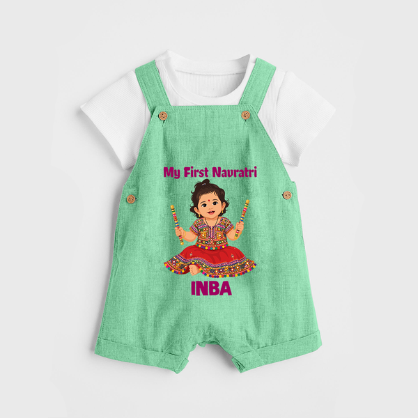 My First Navratri Dandiya Girl Personalized Dungaree  - GREEN - 0 - 5 Months Old (Chest 18")