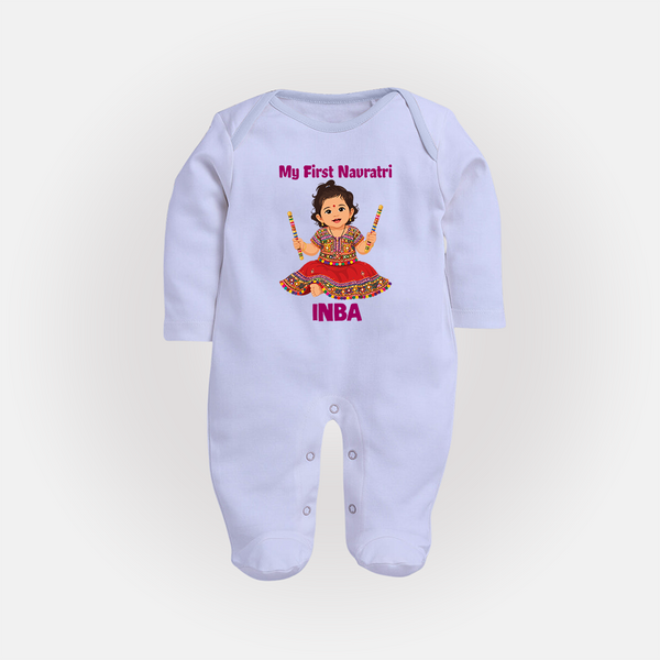 My First Navratri Dandiya Girl Personalized Full Body Suit - BABY BLUE - New Born (Chest 7.5")