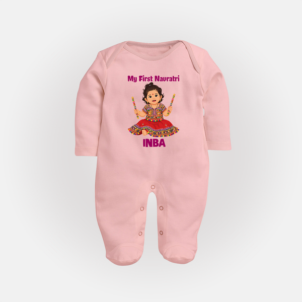 My First Navratri Dandiya Girl Personalized Full Body Suit - BABY PINK - New Born (Chest 7.5")