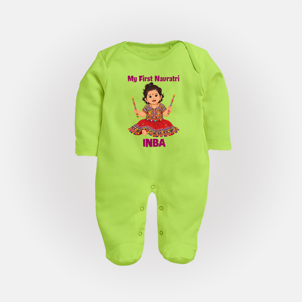 My First Navratri Dandiya Girl Personalized Full Body Suit - LIME GREEN - New Born (Chest 7.5")