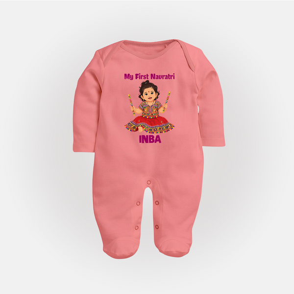 My First Navratri Dandiya Girl Personalized Full Body Suit - PEACH - New Born (Chest 7.5")