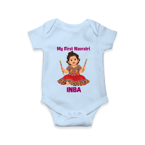 My First Navratri Dandiya Girl Personalized Romper - BABY BLUE - New Born (Chest 14")