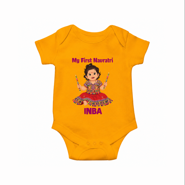 My First Navratri Dandiya Girl Personalized Romper - CHROME YELLOW - New Born (Chest 14")