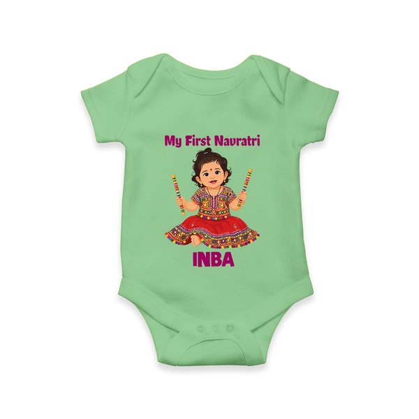 My First Navratri Dandiya Girl Personalized Romper - GREEN - New Born (Chest 14")