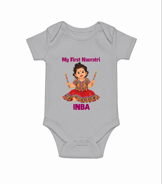 My First Navratri Dandiya Girl Personalized Romper - GREY - New Born (Chest 14")