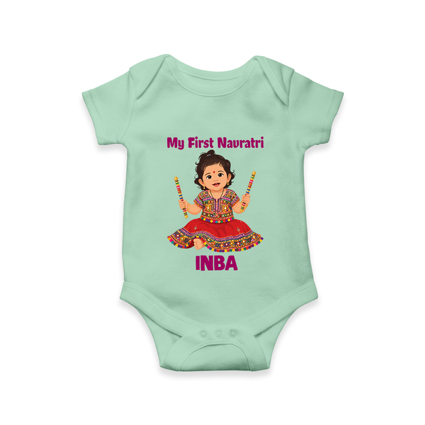 My First Navratri Dandiya Girl Personalized Romper - MINT GREEN - New Born (Chest 14")