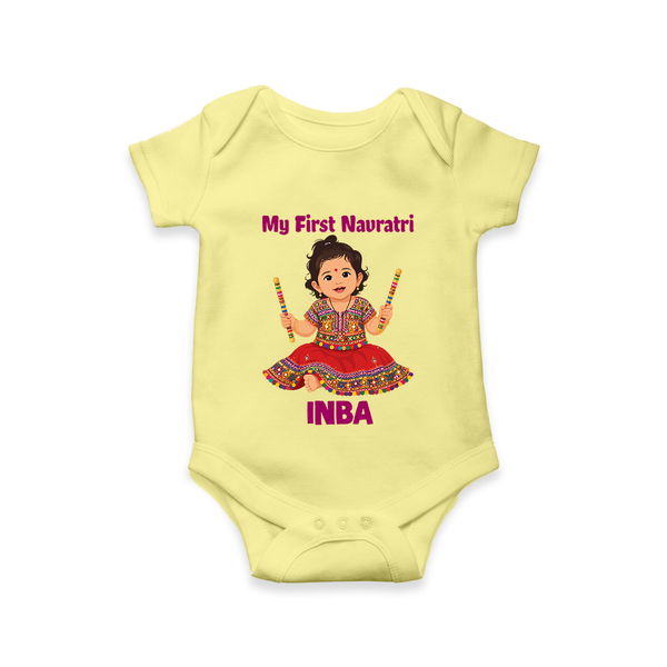 My First Navratri Dandiya Girl Personalized Romper - PASTEL YELLOW - New Born (Chest 14")