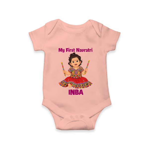 My First Navratri Dandiya Girl Personalized Romper - PEACH - New Born (Chest 14")