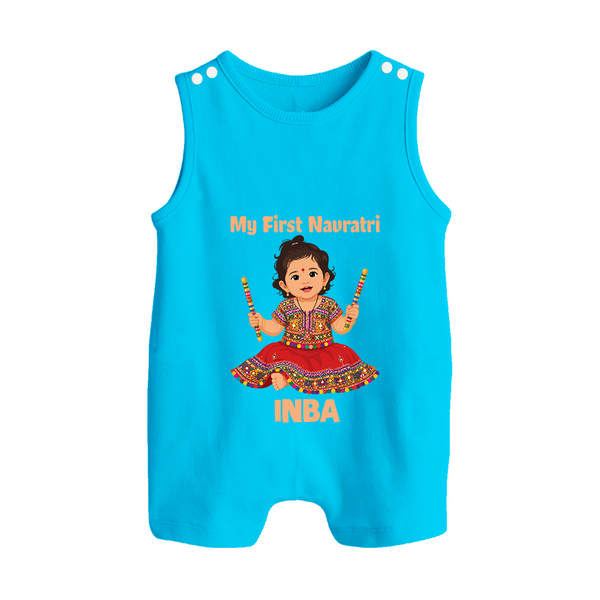 My First Navratri Dandiya Girl Personalized Button Romper - SKY BLUE - New Born (Chest 18")