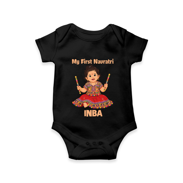 My First Navratri Dandiya Girl Personalized Romper - BLACK - New Born (Chest 14")