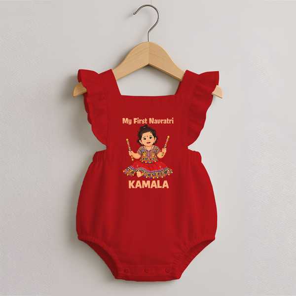 My First Navratri Dandiya Girl Personalized Romper Frock - RED - 0 - 3 Months Old (Chest 19")