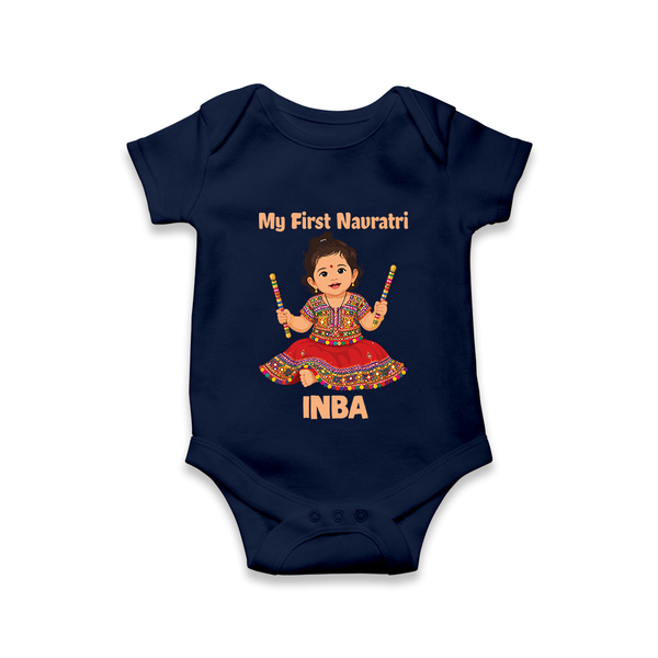 My First Navratri Dandiya Girl Personalized Romper - NAVY BLUE - New Born (Chest 14")