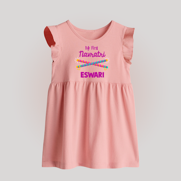 My First Navratri Dandiya Sticks Personalized Baby Frock - BABY PINK - 0 - 3 Months Old (Chest 17")