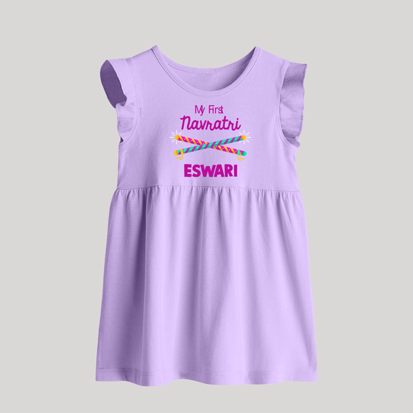 My First Navratri Dandiya Sticks Personalized Baby Frock - LILAC - 0 - 3 Months Old (Chest 17")