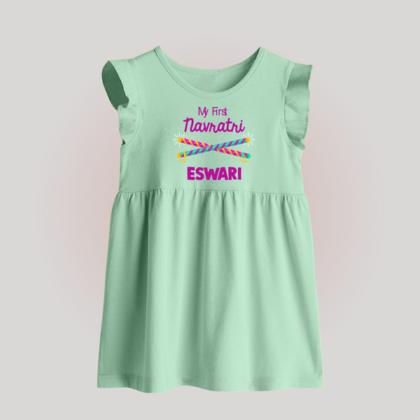 My First Navratri Dandiya Sticks Personalized Baby Frock - MINT GREEN - 0 - 3 Months Old (Chest 17")