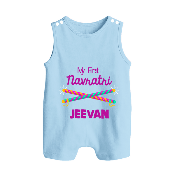 My First Navratri Dandiya Sticks Personalized Button Romper - BABY BLUE - New Born (Chest 18")