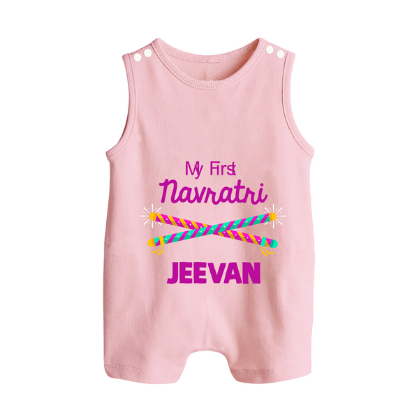 My First Navratri Dandiya Sticks Personalized Button Romper - BABY PINK - New Born (Chest 18")