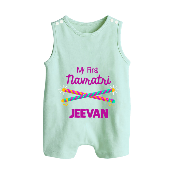 My First Navratri Dandiya Sticks Personalized Button Romper - MINT GREEN - New Born (Chest 18")
