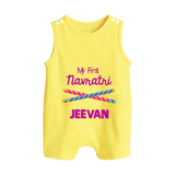 My First Navratri Dandiya Sticks Personalized Button Romper - PASTEL YELLOW - New Born (Chest 18")