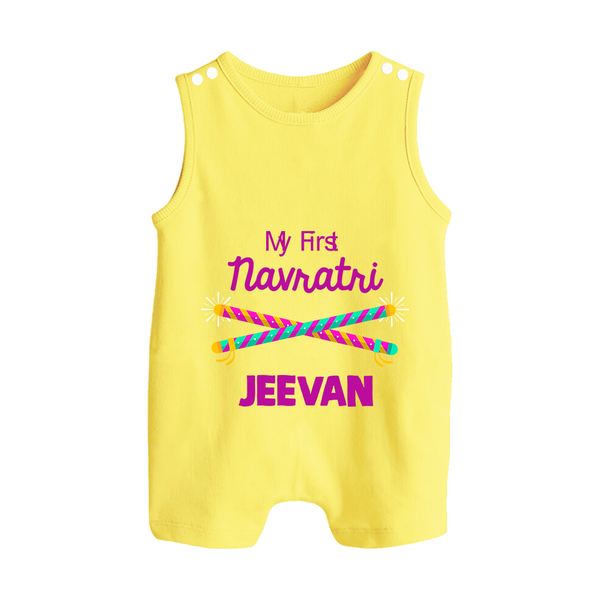 My First Navratri Dandiya Sticks Personalized Button Romper - PASTEL YELLOW - New Born (Chest 18")