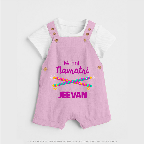 My First Navratri Dandiya Sticks Personalized Dungaree  - BABY PINK - 0 - 5 Months Old (Chest 18")