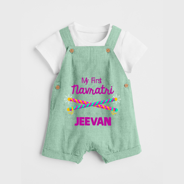 My First Navratri Dandiya Sticks Personalized Dungaree  - MINT GREEN - 0 - 5 Months Old (Chest 18")