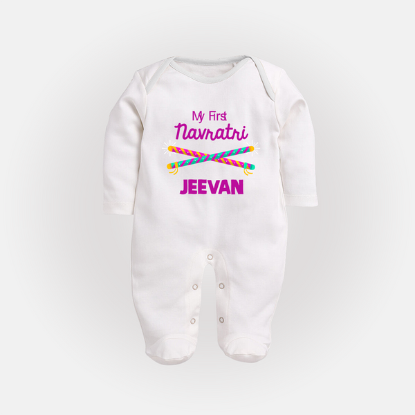 My First Navratri Dandiya Sticks Personalized Full Body Suit - WHITE - New Born (Chest 7.5")