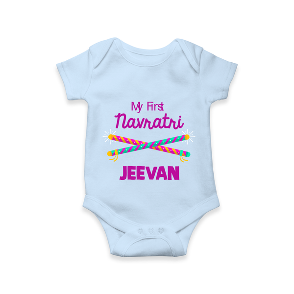 My First Navratri Dandiya Sticks Personalized Romper - BABY BLUE - New Born (Chest 14")