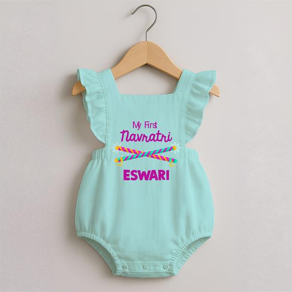 My First Navratri Dandiya Sticks Personalized Romper Frock - MINT GREEN - 0 - 3 Months Old (Chest 19")