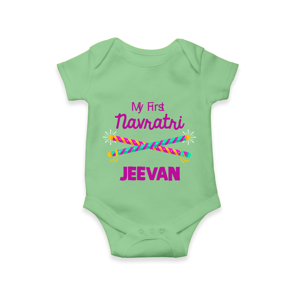 My First Navratri Dandiya Sticks Personalized Romper - GREEN - New Born (Chest 14")