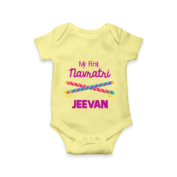 My First Navratri Dandiya Sticks Personalized Romper - PASTEL YELLOW - New Born (Chest 14")