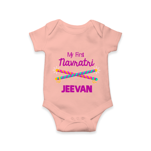 My First Navratri Dandiya Sticks Personalized Romper - PEACH - New Born (Chest 14")