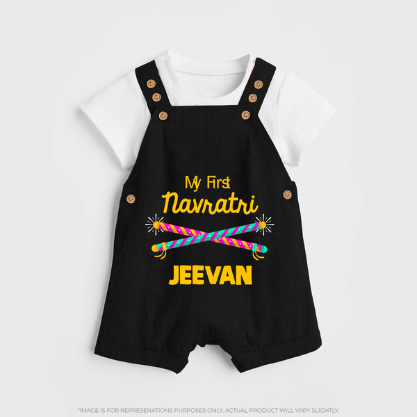 My First Navratri Dandiya Sticks Personalized Dungaree  - BLACK - 0 - 5 Months Old (Chest 18")