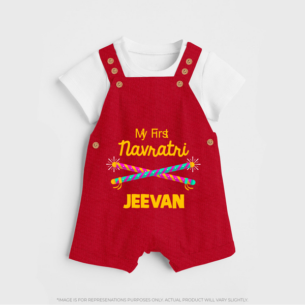 My First Navratri Dandiya Sticks Personalized Dungaree  - RED - 0 - 5 Months Old (Chest 18")