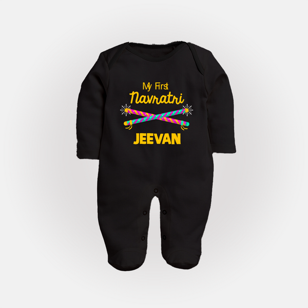 My First Navratri Dandiya Sticks Personalized Full Body Suit - BLACK - New Born (Chest 7.5")