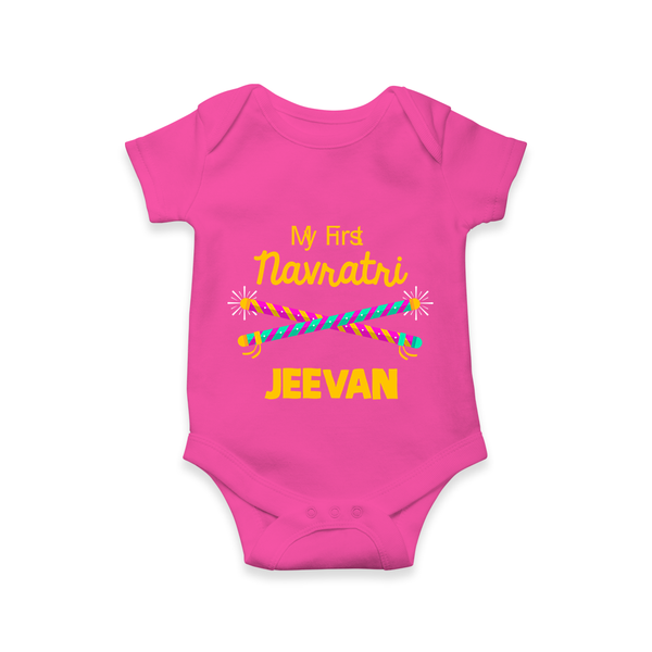 My First Navratri Dandiya Sticks Personalized Romper - HOT PINK - New Born (Chest 14")