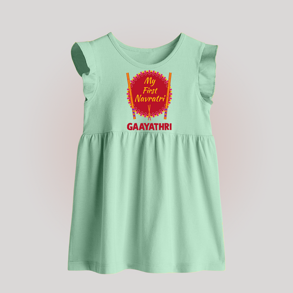 My First Navratri Dandiya Badge Personalized Baby Frock - MINT GREEN - 0 - 3 Months Old (Chest 17")