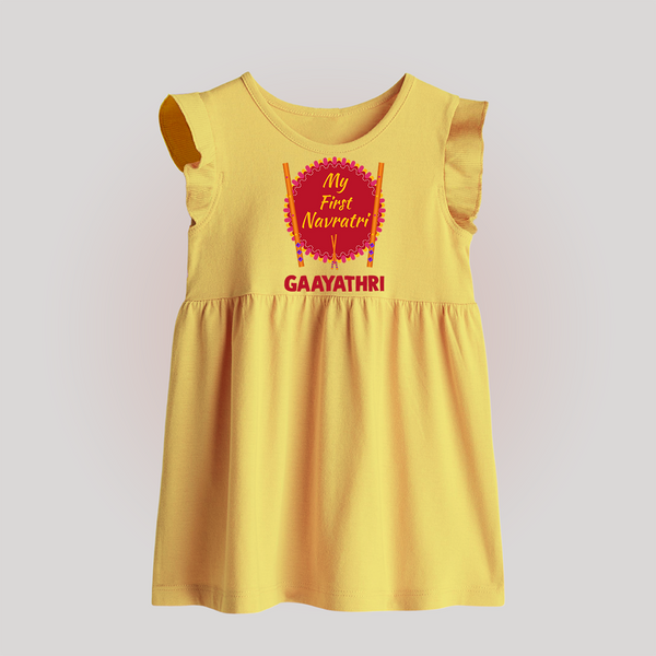 My First Navratri Dandiya Badge Personalized Baby Frock - PASTEL YELLOW - 0 - 3 Months Old (Chest 17")