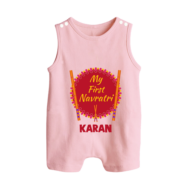 My First Navratri Dandiya Badge Personalized Button Romper - BABY PINK - New Born (Chest 18")