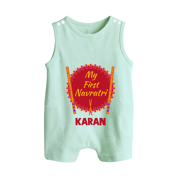 My First Navratri Dandiya Badge Personalized Button Romper - MINT GREEN - New Born (Chest 18")