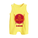 My First Navratri Dandiya Badge Personalized Button Romper - PASTEL YELLOW - New Born (Chest 18")
