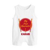 My First Navratri Dandiya Badge Personalized Button Romper - WHITE - New Born (Chest 18")